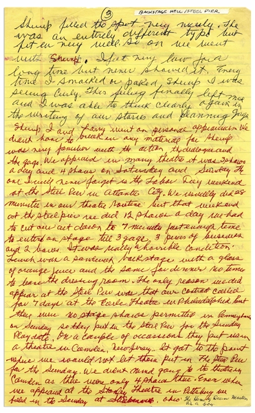 Moe Howard's Handwritten Manuscript Page When Writing His Autobiography -- The 3 Stooges After Curly: ''Every time I smacked or poked Shemp I was seeing Curly'' -- Two Pages on One 8'' x 12.5'' Sheet